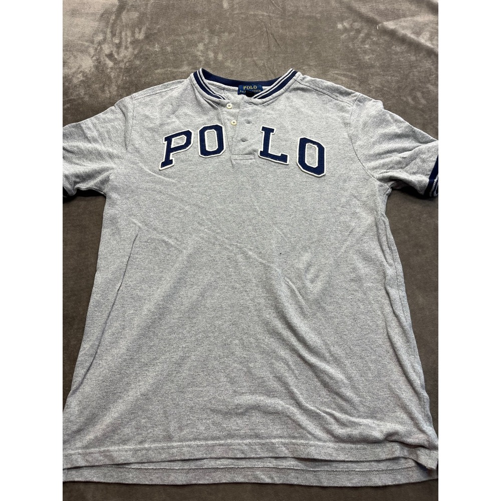 Polo Ralph Lauren Boys XL 18-20 Gray Henley Shirt Navy Polo Applique Varsity